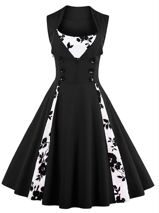 Vintage Floral Print Sleeveless Casual Rockabilly Cocktail Dress