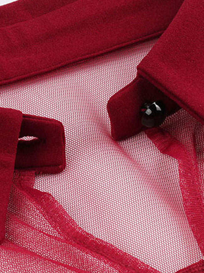 Vintage See Through Long Sleeve Turn Down Collar A-Line Mini Cocktail Dress Detail View