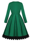 Vintage Elegant Pleated Christmas A-Line Swing Dress with Lace Dark Green Back View