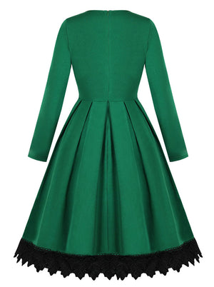 Vintage Elegant Pleated Christmas A-Line Swing Dress with Lace Dark Green Back View