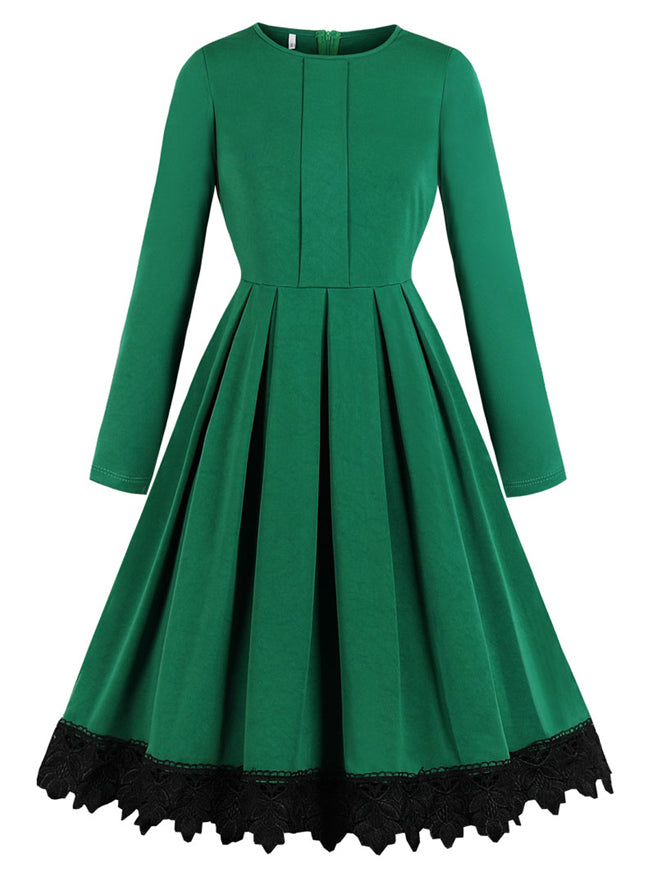 Dark Green Cocktail Dress Long Sleeve Midi Dress with Black Lace Floral Trim Detail View