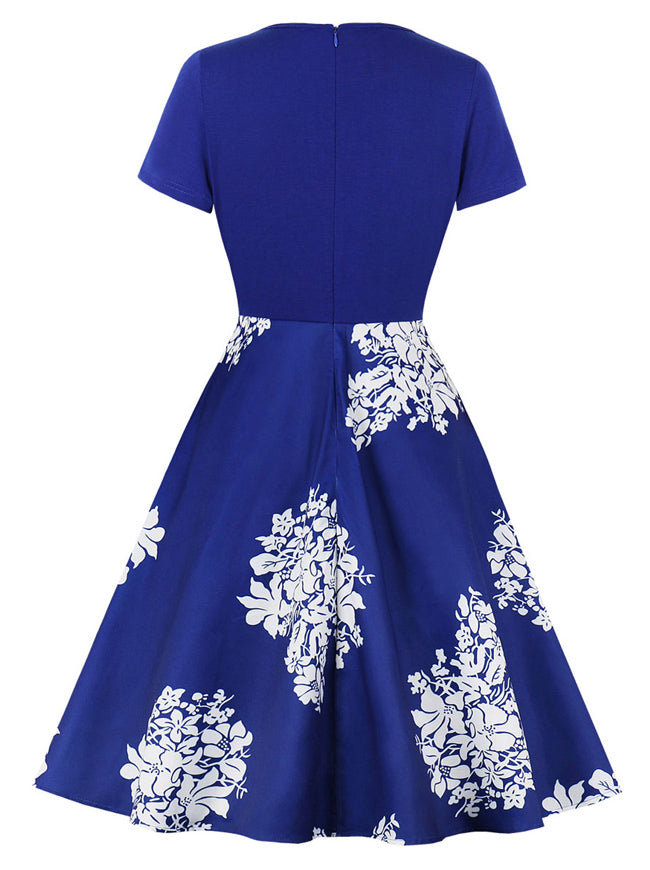 Vintage 50s Printed Knee Length Short Sleeve Retro Cocktail Dress Back View