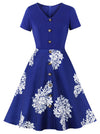 Women's Vintage Floral Printed Short Sleeved Pleated Tea Party Dress Main View