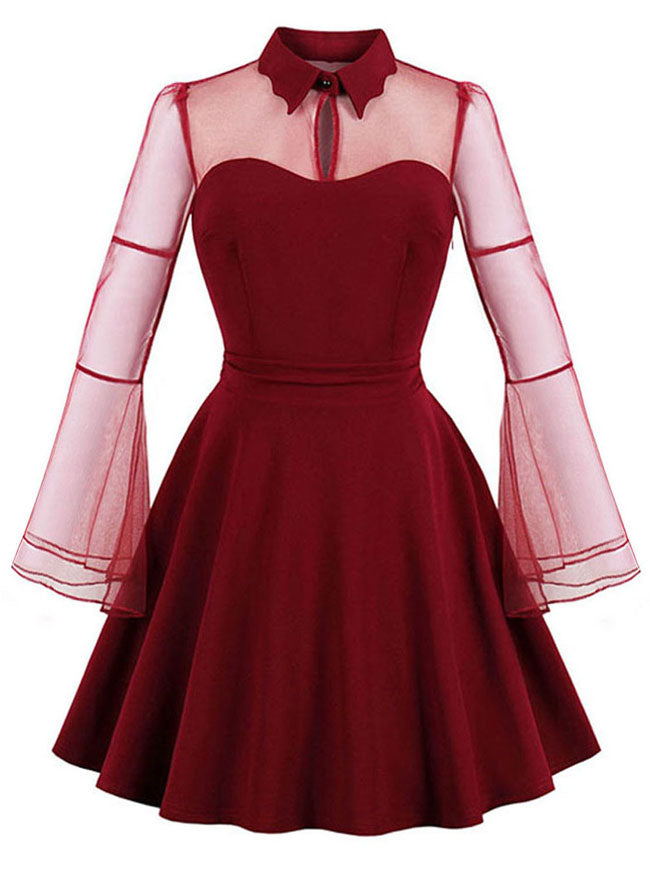 1950s Retro Lapel Career Soft Slim Fit A-Line Red Lace Patchwork Halloween Mini Dress Detail View