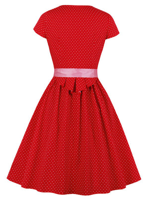 Red White Polka Dot Dress Up Vintage Theme Retro Round Neck Dresses for Women Back View
