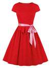 Vintage 1950s Style Retro Polka Dot Classy Cap Sleeve Rockabilly Swing Dress with Belt Main View