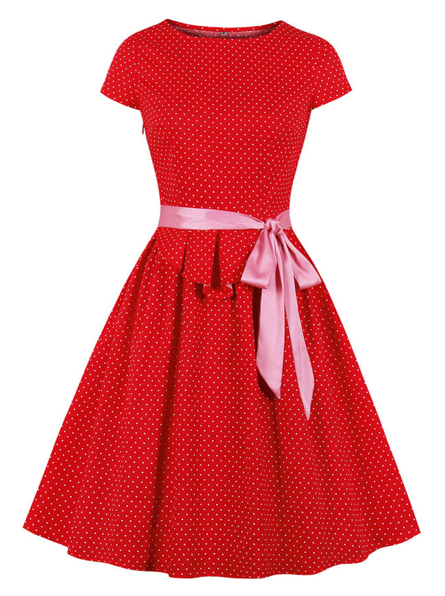 Vintage 1950s Style Retro Polka Dot Classy Cap Sleeve Rockabilly Swing Dress with Belt Main View