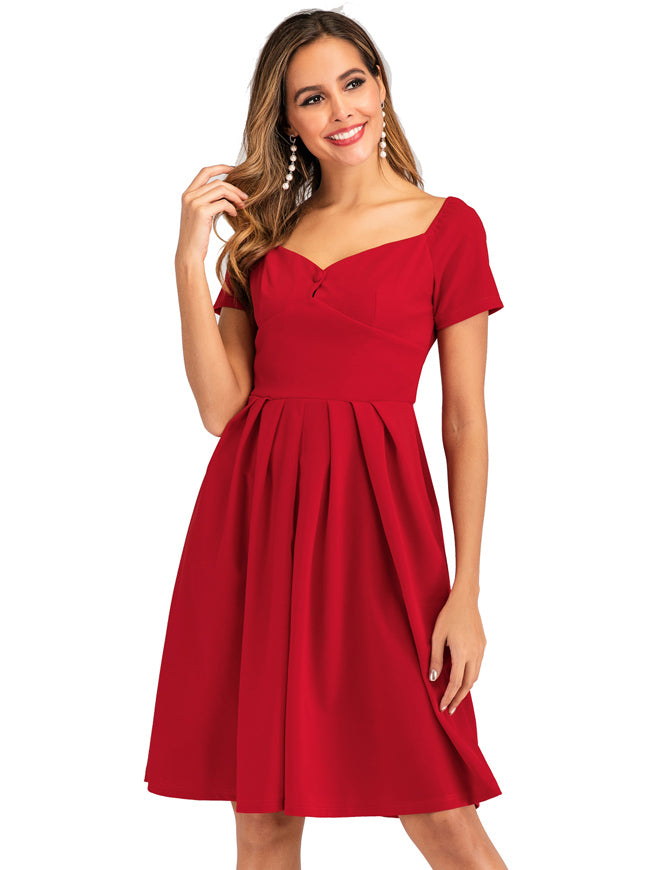 1940s Cocktail Women Red Short Sleeve Sweetheart Neckline Pleated Dress Side View