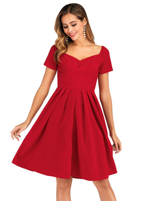 Short Sleeve Midi Pleated Swing Fit and Flare Style Dress Side View