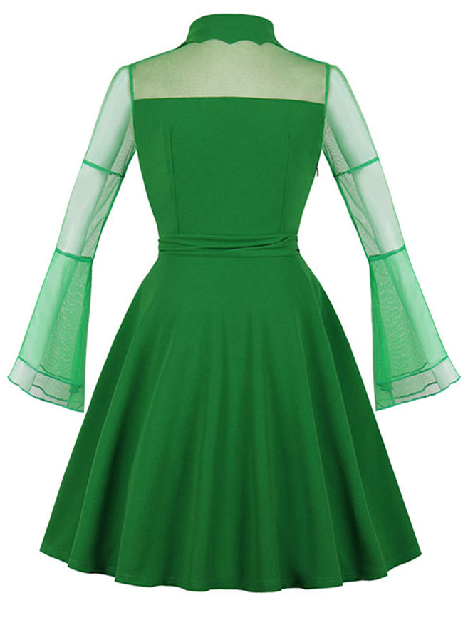 Fashion Vintage High Quality Casual Women Green Mesh Split Joint Full-Length Sleeve Knee Length Party Dress Back View