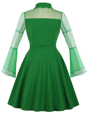 Fashion Vintage High Quality Casual Women Green Mesh Split Joint Full-Length Sleeve Knee Length Party Dress Back View