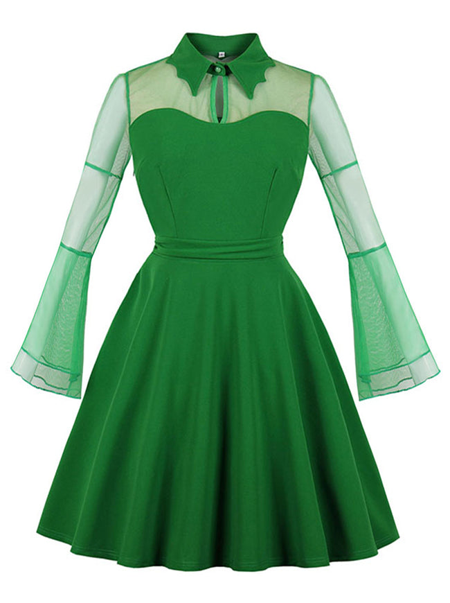 Elegant Traditional Vintage Natural High Quality Women Green Pleats Sweetheart Neckline A-Line Dress Detail View