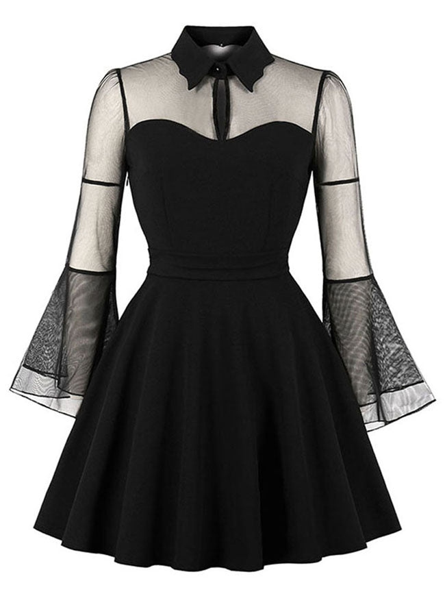 With High Waist A-line Flared Skater Mini Skirt Black Fashion Cute Solid High Waist Casual Dress Detail View