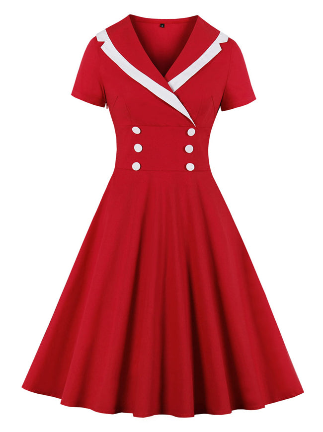 Red Short Sleeves A Line V Neck Spring Summer Christmas Holoday Dress Detail View
