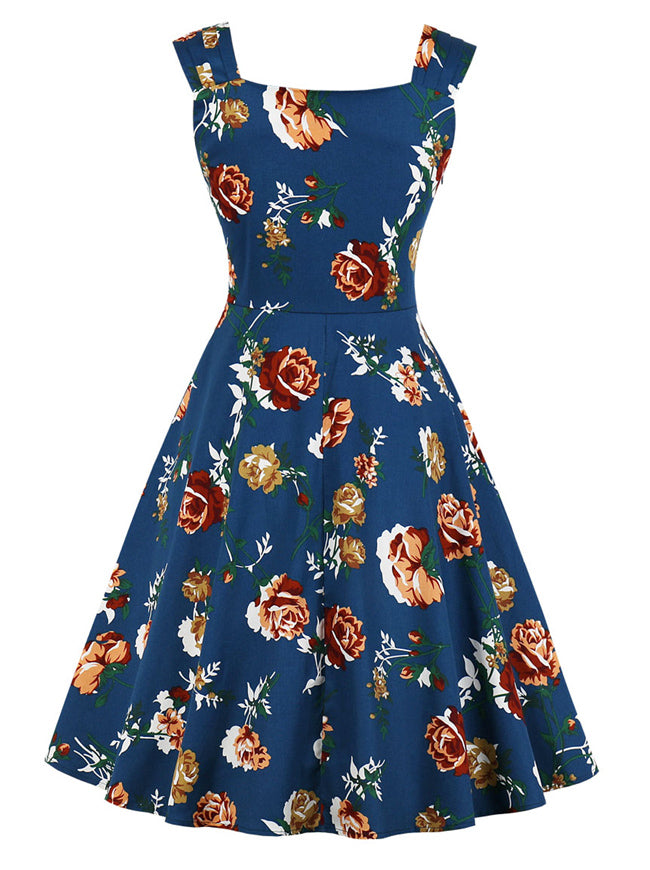 Blue Printed A-line V-neck Casual Cocktail Tea Party Dress for Women Juniors Back View