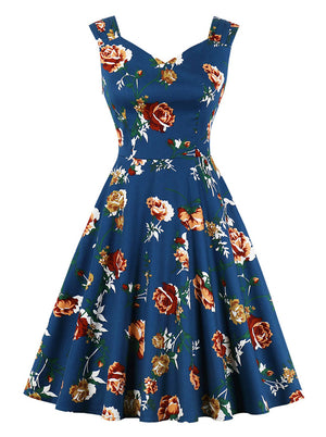 Women's Vintage 1950's Floral V Neck Sleeveless Cocktail Party Dress Main View