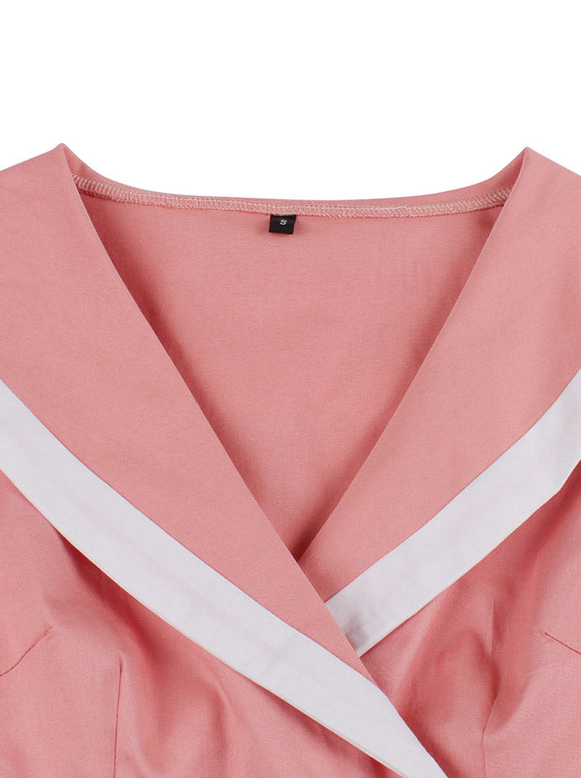 Pink Women Vintage 1950s Empire Waist Going Out Swing Dress Detail View