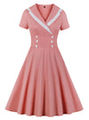 Vintage Inspired Short Sleeve Deep V-Neck Button A-Line Swing Cocktail Dress Main View