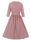 1950s Vintage Polka Dots V Neck 3/4 Sleeve High Waist Pleated Swing Tea Dress Pink Back View