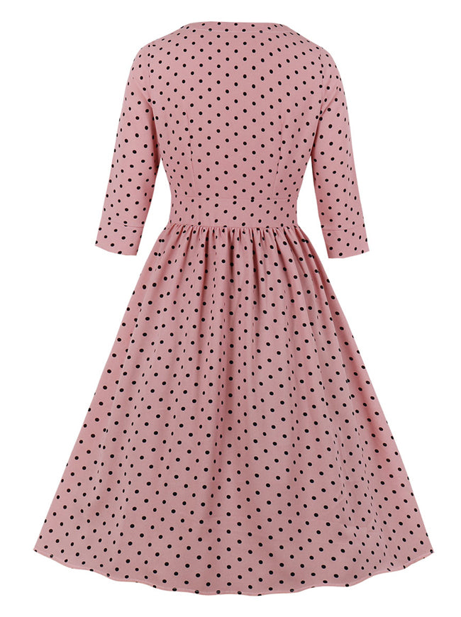 1950s Vintage Polka Dots V Neck 3/4 Sleeve High Waist Pleated Swing Tea Dress Pink Back View