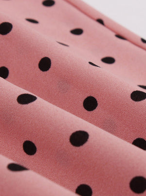 Pink Polka Dots Pleated Bridesmaid Vintage Spring Summer Casual A-line Swing Dresses Detail View