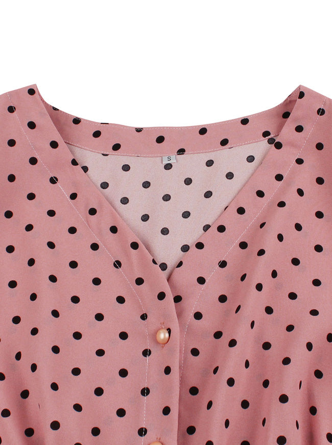 Black Polka Dots Slim Fit Wedding Vintage Retro Button Classic Midi Dress for Women Detail View