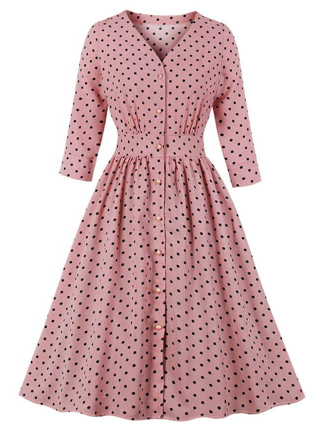 Women's 1950s Vintage Polka Dots V Neck 3/4 Sleeve Swing Tea Dress Main View