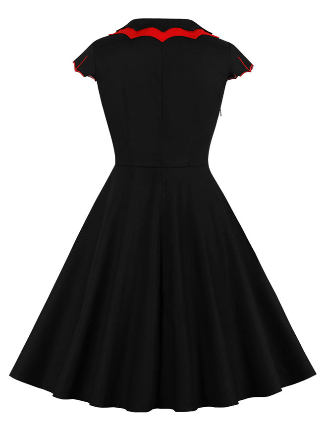 Slim Fit 1940s 1950s Style Flared Knee Length Short Sleeves Party Dress for Christmas Back View