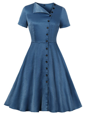 Women's Vintage Retro 1950s Short Sleeve Button Up A-line Swing Dress Main View