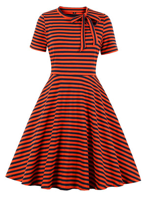 Elegant Retro Short Sleeve Striped Pattern Business Casual Dress Main View