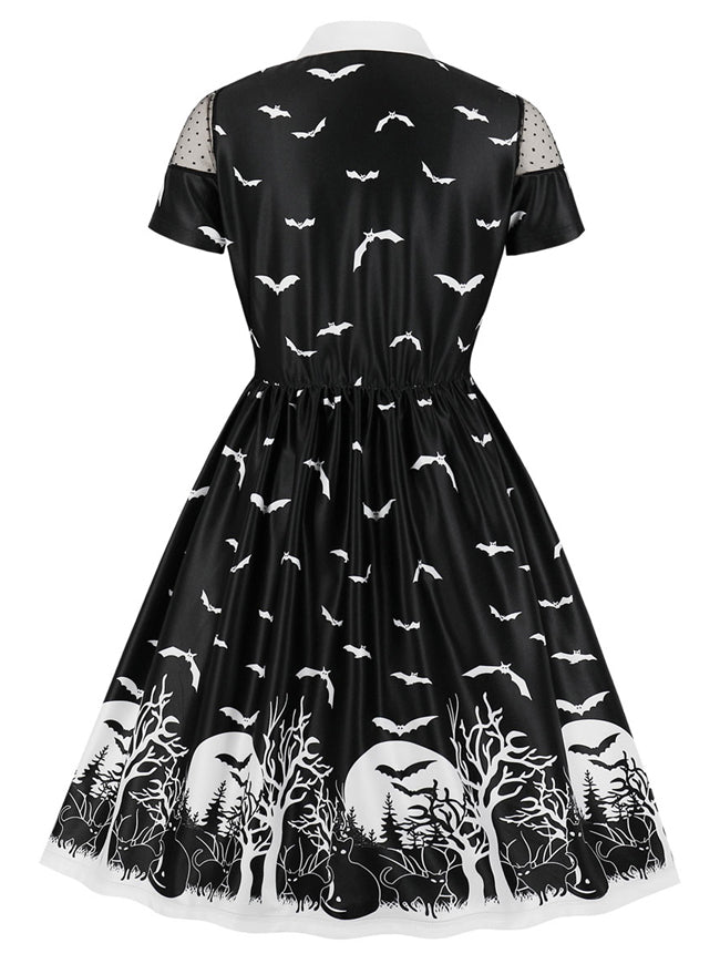 Vintage Printed Cocktail Short Sleeve Retro Swing Black Halloween Patry Dress Back View