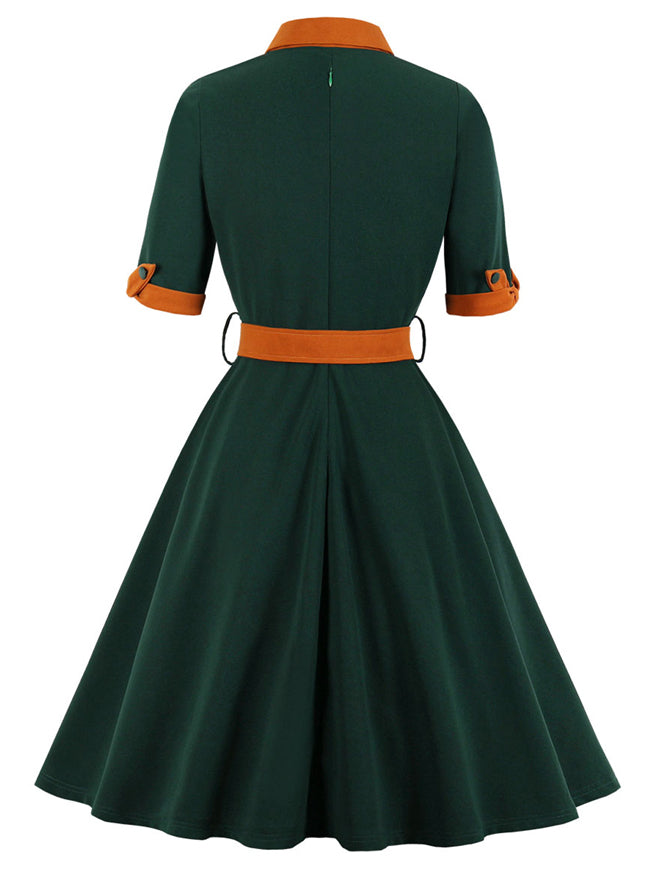 Vintage 50s Knee Length Short Sleeve Green High Waist Dress with Belt Back View