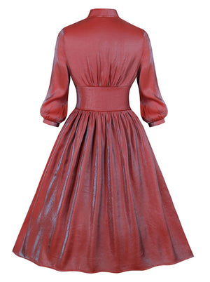 1950s Vintage V Neck 3/4 Sleeve High Waist Pleated Buttons Up Puffy Swing Party Dress Back View