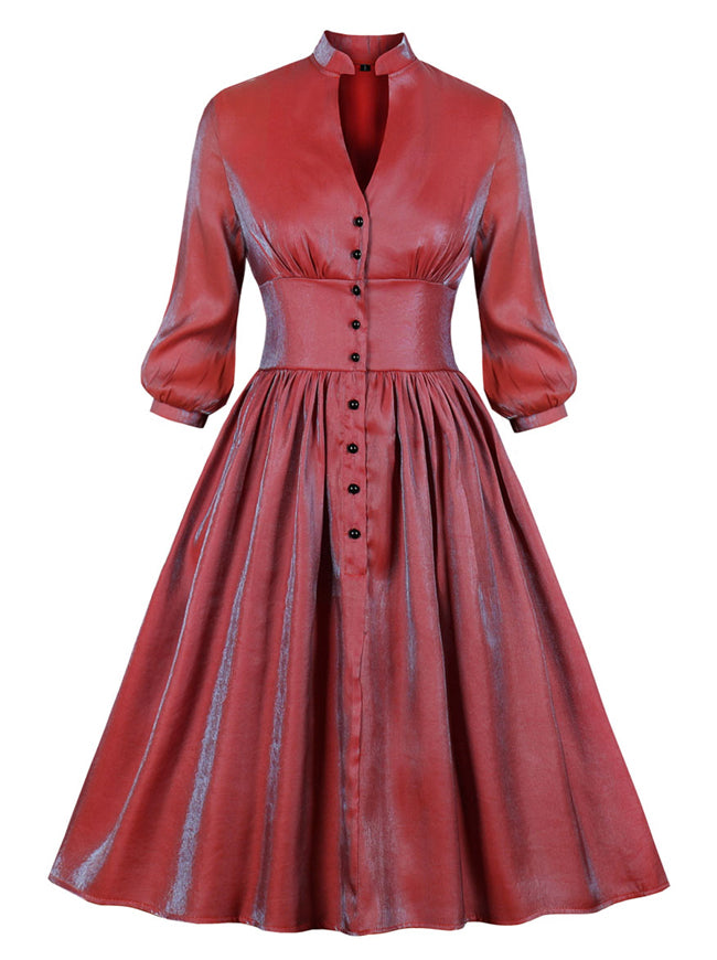 Tartan Slim Fit Wedding Vintage Retro Red Classic Midi Dress with Buttons Detail View