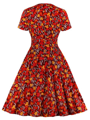 Red V Neck Swing Floral Casual Tea Party Dresses for Women Back View