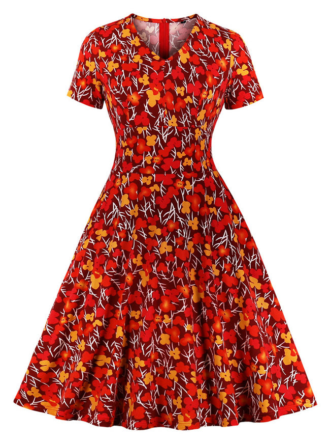 Rockabilly Pin Up Short Sleeve Multicolored Floral Printed One Piece Dress for Women Detail View
