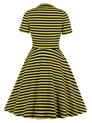 Tie T-Shirt Dress Yellow Cocktail Fit and Flare Vintage Tea Party Casual Mini Dress Back View