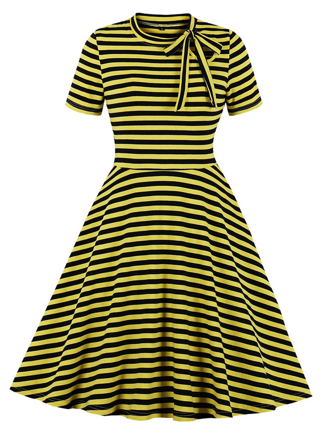 Vintage Style Lace-Up Striped Round Neck Daily Casual Work Dress Main View