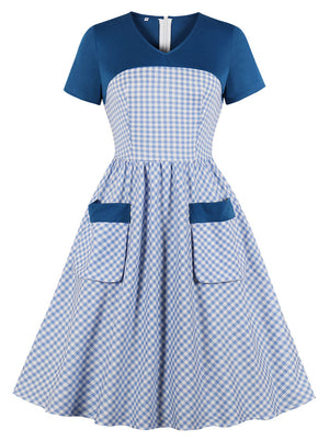 Vintage Style V-Neck Short Sleeve Plaid Pleated Swing Tea Party Dress Main View