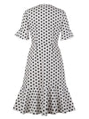 Vintage 50s Retro Pinup Black Polka Dot Printed White Knee Length Fit and Flare Dress Back View