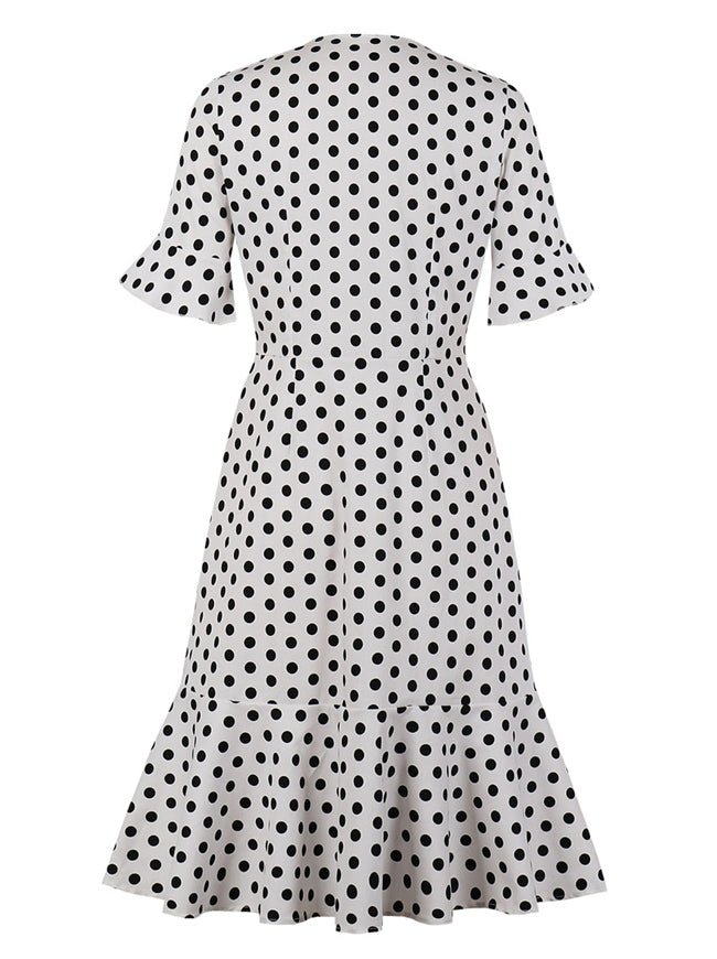 Vintage 50s Retro Pinup Black Polka Dot Printed White Knee Length Fit and Flare Dress Back View