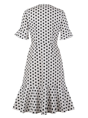 Vintage 50s Retro Pinup Black Polka Dot Printed White Knee Length Fit and Flare Dress Back View