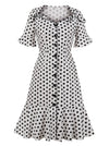 Vintage Inspired Button Up Polka Dot Printed Cocktail Casual Party Dress Main View