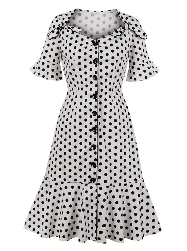 Vintage Inspired Button Up Polka Dot Printed Cocktail Casual Party Dress Main View