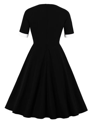 Black Short Sleeve Party Casual A-Line Fit and Flare Swing Midi Dress Back View