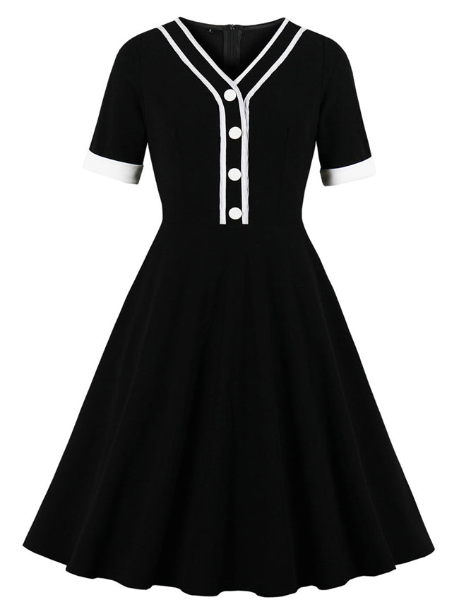 Vintage Style V-Neck Short Sleeve Button Up Party Casual Swing Midi Dress Main View