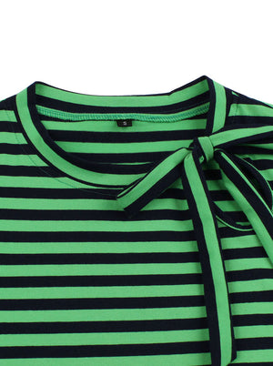 Pinup Retro Vintage Clothing for Women Above Knee Length Green Striped Splicing Dress Detail View
