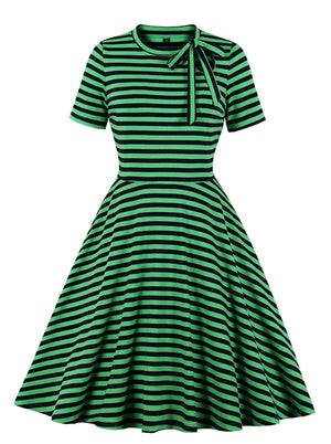 Vintage Striped Pattern Round Neck Patchwork Casual Party Dress Main View