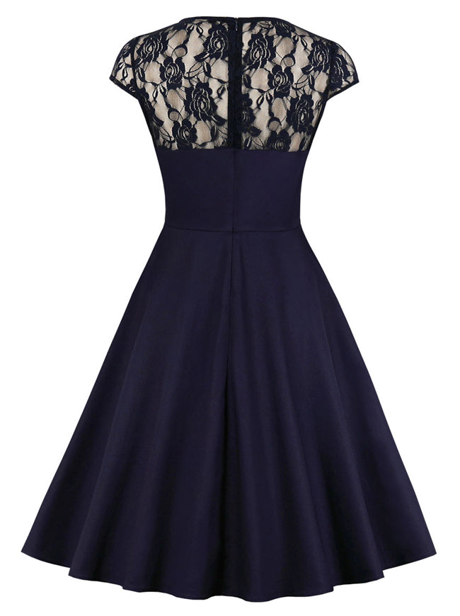 Fashion Women Elegant Blue Lace Cocktail Party Dress Back View