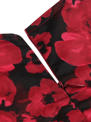 Knee Length Audrey Hepburn Style Flower Printed Swing 1950 Day Party Dress Detail View
